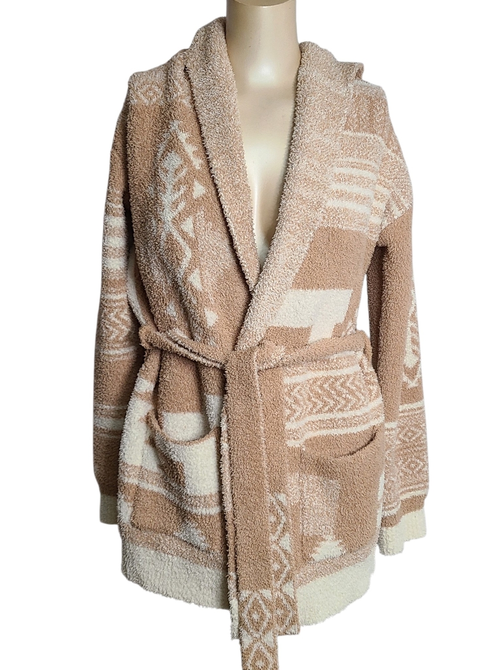 ​Barefoot Dreams CozyChic Southwest Hooded Belted Cardigan Tan M